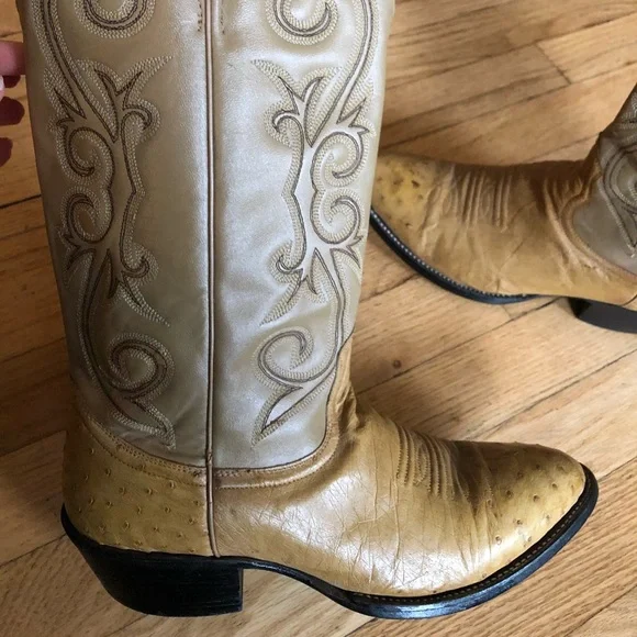 Cowboy boots 9.5/10 women 8D mens tan beige ostrich vintage - Picture 8 of 8